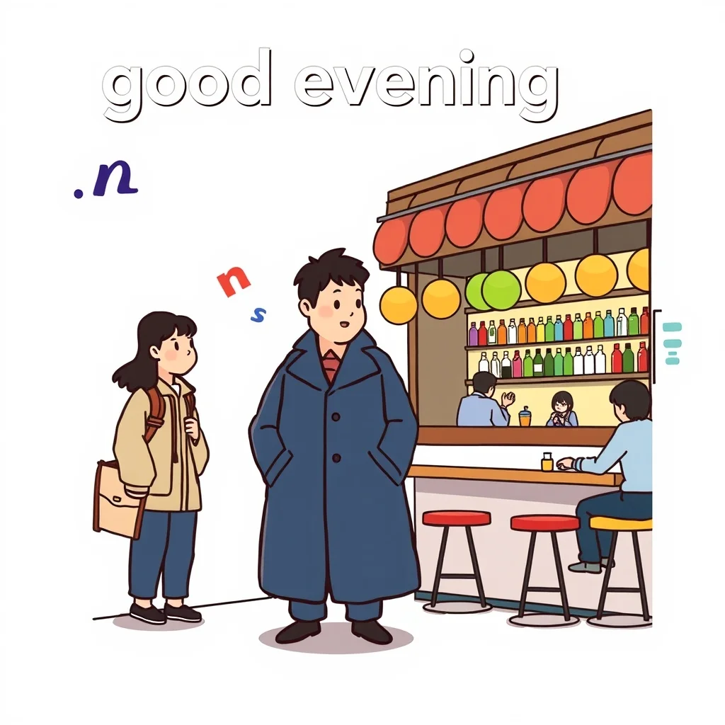 Mnemonic illustration for 今晩は — good evening