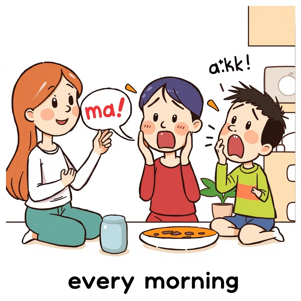 Mnemonic illustration for 毎朝 — every morning